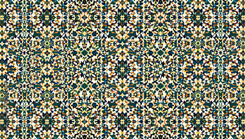 Konstfotografi Complex digital mosaic featuring a kaleidoscopic arrangement of small, interlocking geometric elements in a muted color palette