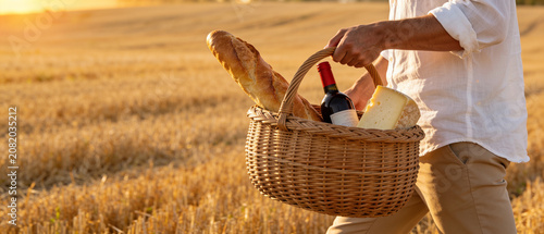 Man carrying wicker basket with baguette, wine bottle and cheese in golden wheat field. Summer picnic outdoors at sunset.