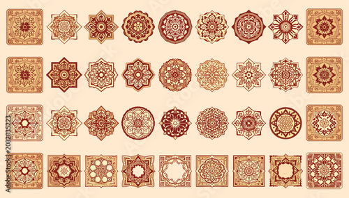 Bilde på lerret A collection of intricate brown and beige ornamental patterns, featuring various symmetrical mandalas and decorative motifs in a vintage style