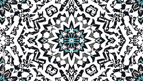 Photos Intricate kaleidoscopic pattern with a central teal and grey starburst motif surrounded by complex black and white symmetrical designs
