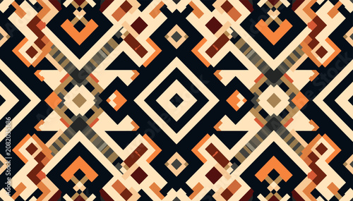 Obraz na płótnie A vibrant and intricate seamless pattern featuring geometric diamond and zigzag motifs in earthy tones of black, beige, orange, and brown, evoking a tribal or ethnic textile design