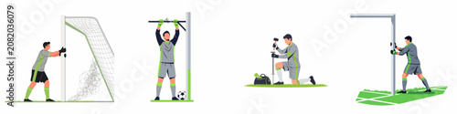 Fotografie Set of vector illustrations showing a soccer goalkeeper performing maintenance and setup tasks on a football field, like fixing nets and posts