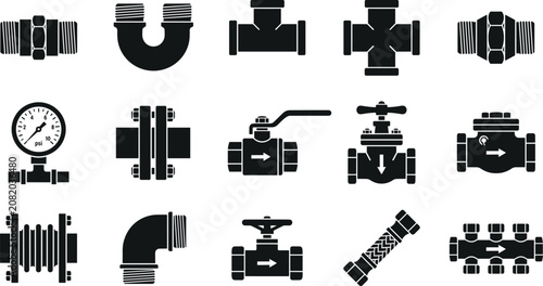 Tableau sur toile Industrial plumbing pipe fittings silhouette icon set featuring valves connector