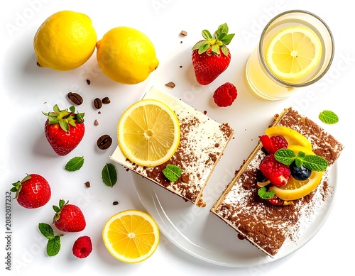 Fresh Chocolate Cake with Berries and Citrus Fruits.