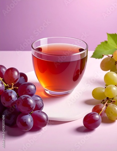 Fresh grape juice with clusters on purple background.