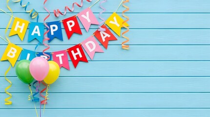 Vibrant happy birthday banner with balloons on blue wood background