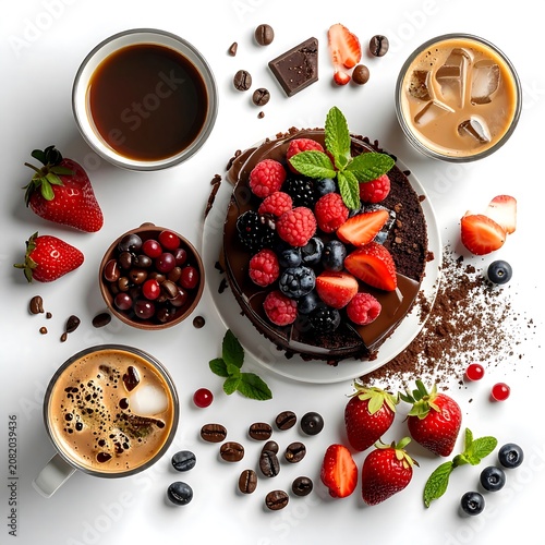 Fresh Chocolate Cake with Berries and Coffee.