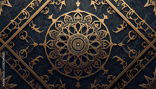 Konstfotografi Intricate gold and black ornate pattern with a central mandala design, featuring symmetrical decorative elements and a luxurious texture