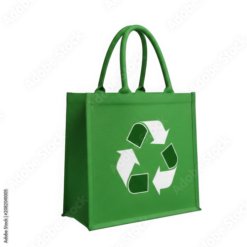 Green reusable tote bag featuring recycling symbol prominently displayed transparent background