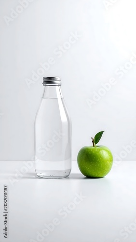Fresh green apple and clear glass bottle on white background.