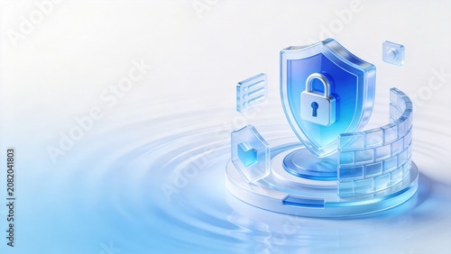 Transparent glass cybersecurity shield with firewall and padlock on clean white background, idea for network security, cloud protection, enterprise cyber defense and data privacy