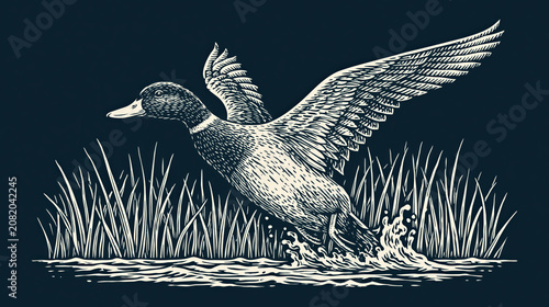 Vintage Engraving Style Mallard Duck Taking Flight from Marsh Water, created with Generative AI Technology, ai, generative