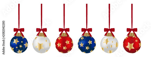 Collection red pearl white blue Christmas ornaments Hanging from festive red ribbon bows Isolated holiday decoration set For greeting cards invitation banners seasonal design scrapbooking sticker