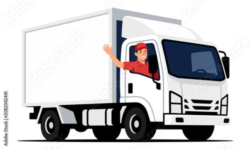 Delivery truck with driver waving hand isolated on white