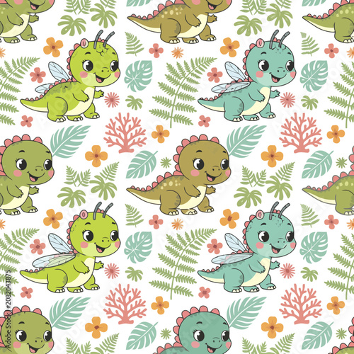Cute cartoon dinosaurs with wings and plants
