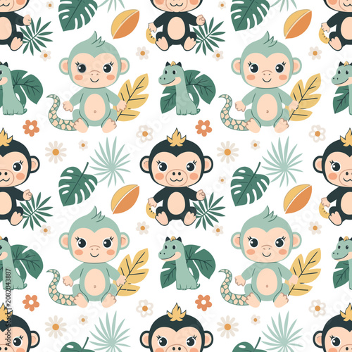 Cute Cartoon Monkeys and Dinosaurs Seamless Pattern