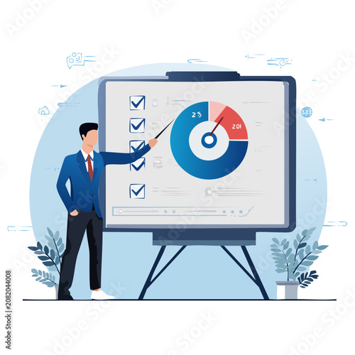 Man presenting a pie chart and checklist