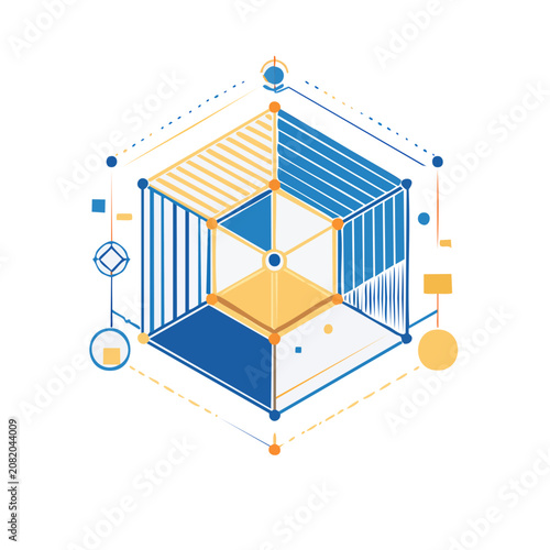 Isometric Wireframe Cube with Nodes and Grid