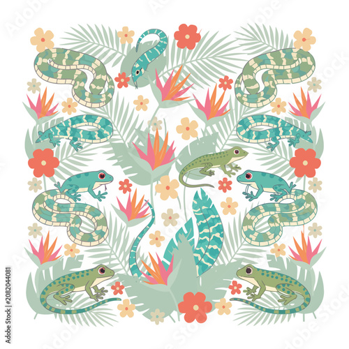 Snakes and Frogs with Tropical Leaves and Flowers