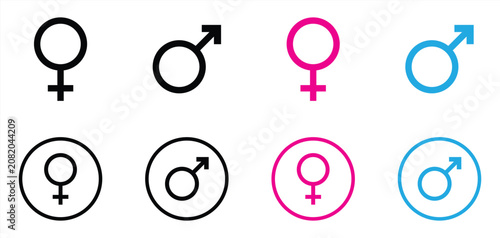 Male and Female Gender Symbol Icon Set, Mars and Venus Signs Collection, Sex Identification, Gender Equality, Biological Identity, Healthcare, Inclusive Flat Vector Icons Isolated on White Background