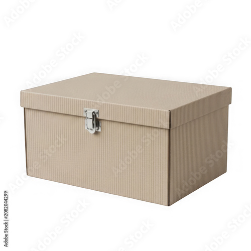 Large beige cardboard box with metal latch closure for storage purposes transparent background