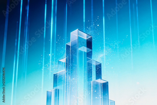 A futuristic abstract transparent glass structure stands against vertical blue light streaks with subtle sparkles, showcasing modern digital design.