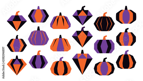 A collection of stylized geometric pumpkin illustrations featuring bold orange and purple