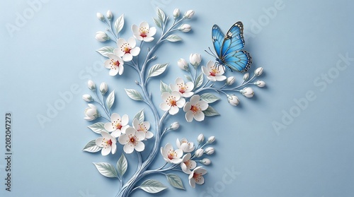 Blue butterfly on white cherry blossom branch