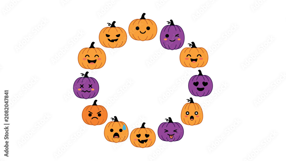 Fototapeta premium A circular arrangement of cute colorful Halloween pumpkins with various expressive faces