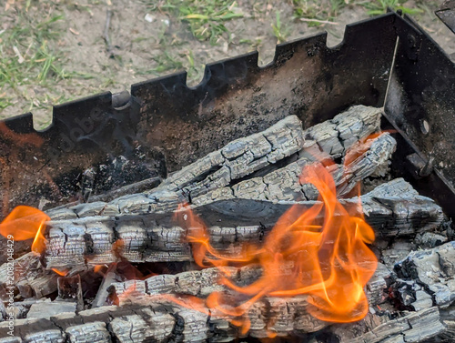 Canvas Print Small flames flicker in the embers of a campfire