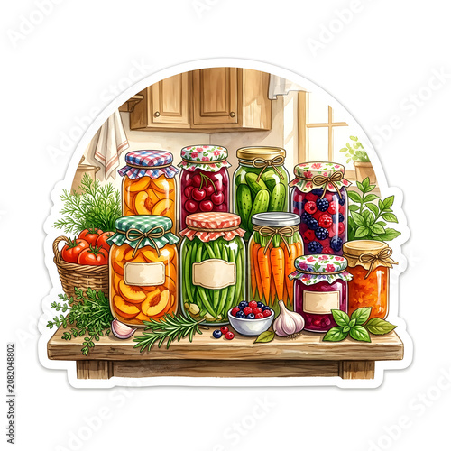 Colorful Assortment of Homemade Pickled Vegetables and Sweet Fruit Preserves Arranged on a Rustic Wooden Kitchen Counter