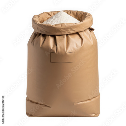 Large brown paper sack filled with white powdery substance standing upright transparent background