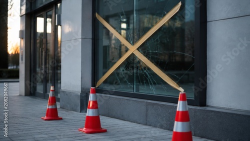 A shattered storefront window is cordoned off with yellow caution tape and orange traffic cones on a city sidewalk following building facade damage and repair