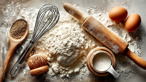 Top view of baking tools covered in white flour creates dusty, active scene on pale background. image includes whisk, rolling pin, eggs, and wooden spoon