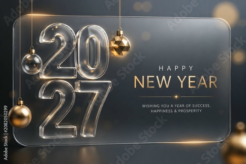 Happy New Year 2027 Greeting Card with Elegant Glass Numbers and Gold Christmas Ornaments