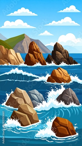 Stylized vector ocean landscape with rocky islands and waves.