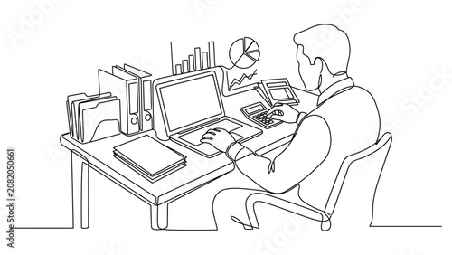 Continuous one line drawing of a business accountant working at desk