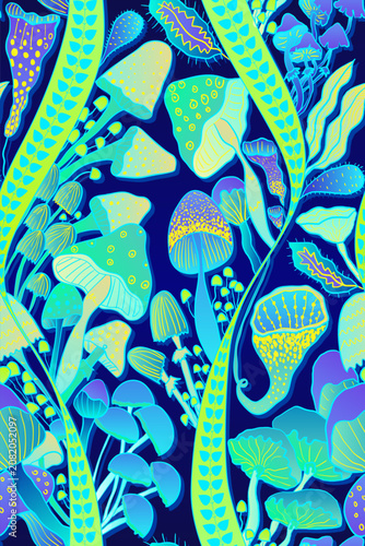 Seamless vector pattern featuring a psychedelic and trippy underwater and forest ecosystem with magic mushrooms, exotic plants, and vines on a dark navy background. The hand-drawn line art is rendered