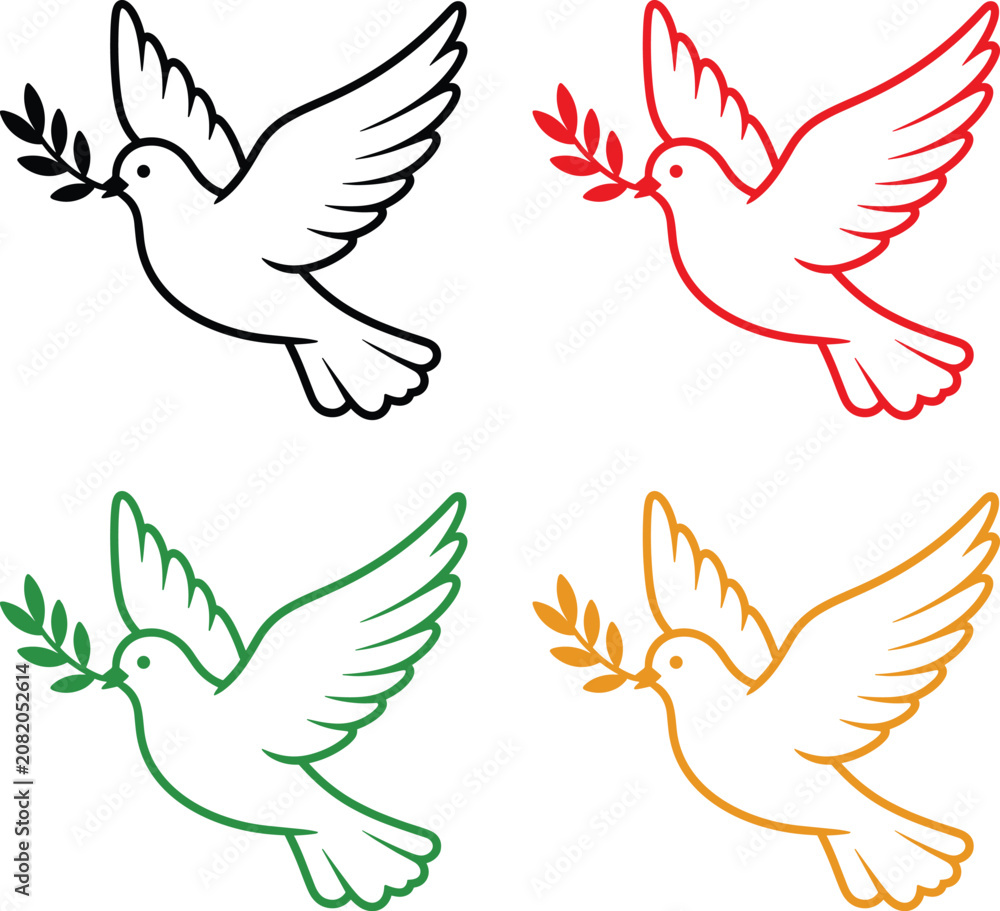 Obraz premium Four flying doves with olive branches in black, red, green, and orange outlines