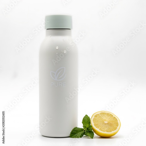 White Reusable Eco-friendly Water Bottle with Fresh Lemon and Mint Isolated.