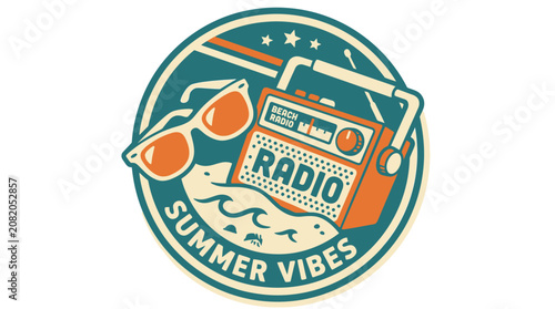 Obraz na plátně Vintage summer vibes emblem with portable radio and sunglasses.