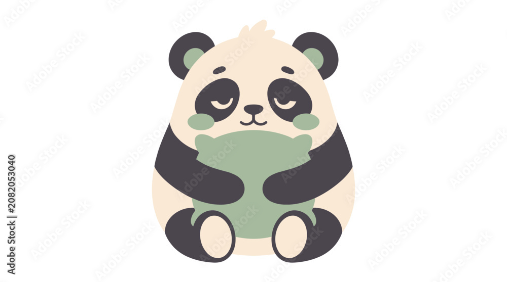 Fototapeta premium Cute cartoon panda bear character holding a soft green pillow.