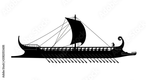 Ancient Greek trireme silhouette, black galley ship with oars and sail, historic Mediterranean warship vector illustration on white background