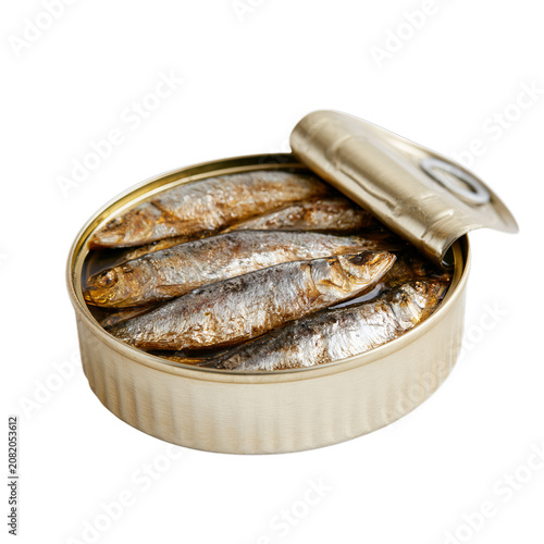 Tin can with the lid peeled back revealing shiny silver sardines in oil. Isolated white background. Png format