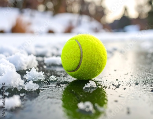 Tennis ball on icy snow-covered surface