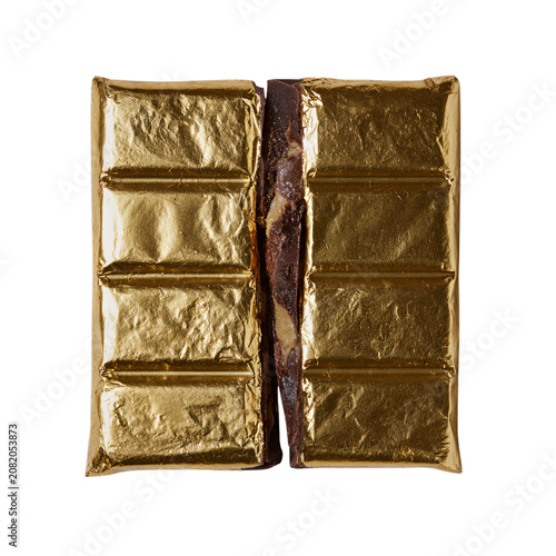 Thick gold foil-wrapped dark chocolate bar snapped cleanly in half to reveal a creamy filling. Isolated white background. Png format