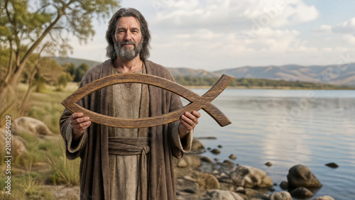 Man Holding a Wooden Fish Symbol