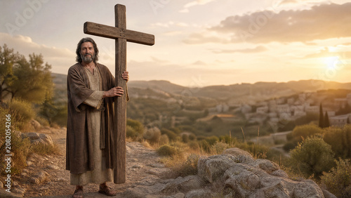 Man Holding a Large Wooden Cross Symbol