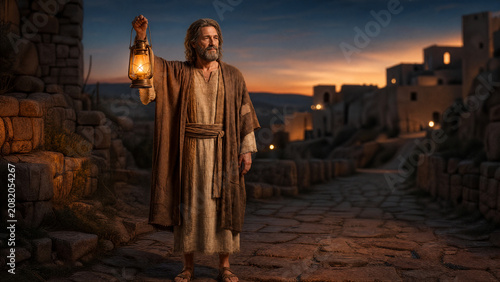 Biblical Man Holding a Glowing Lantern