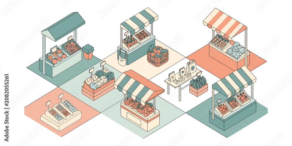Fototapeta premium Isometric view of various small market stalls featuring fresh colorful vegetables and organic farm produce